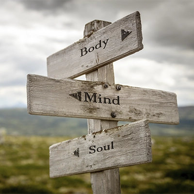 A wooden sign post has three boards that say mind, body, and soul.