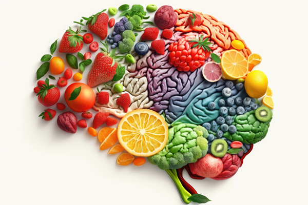 Fruits and vegetables around a brain image showing the benefits of a balanced diet on mental health.