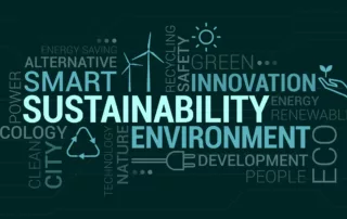A sustainability word cloud with interconnected green and blue text.