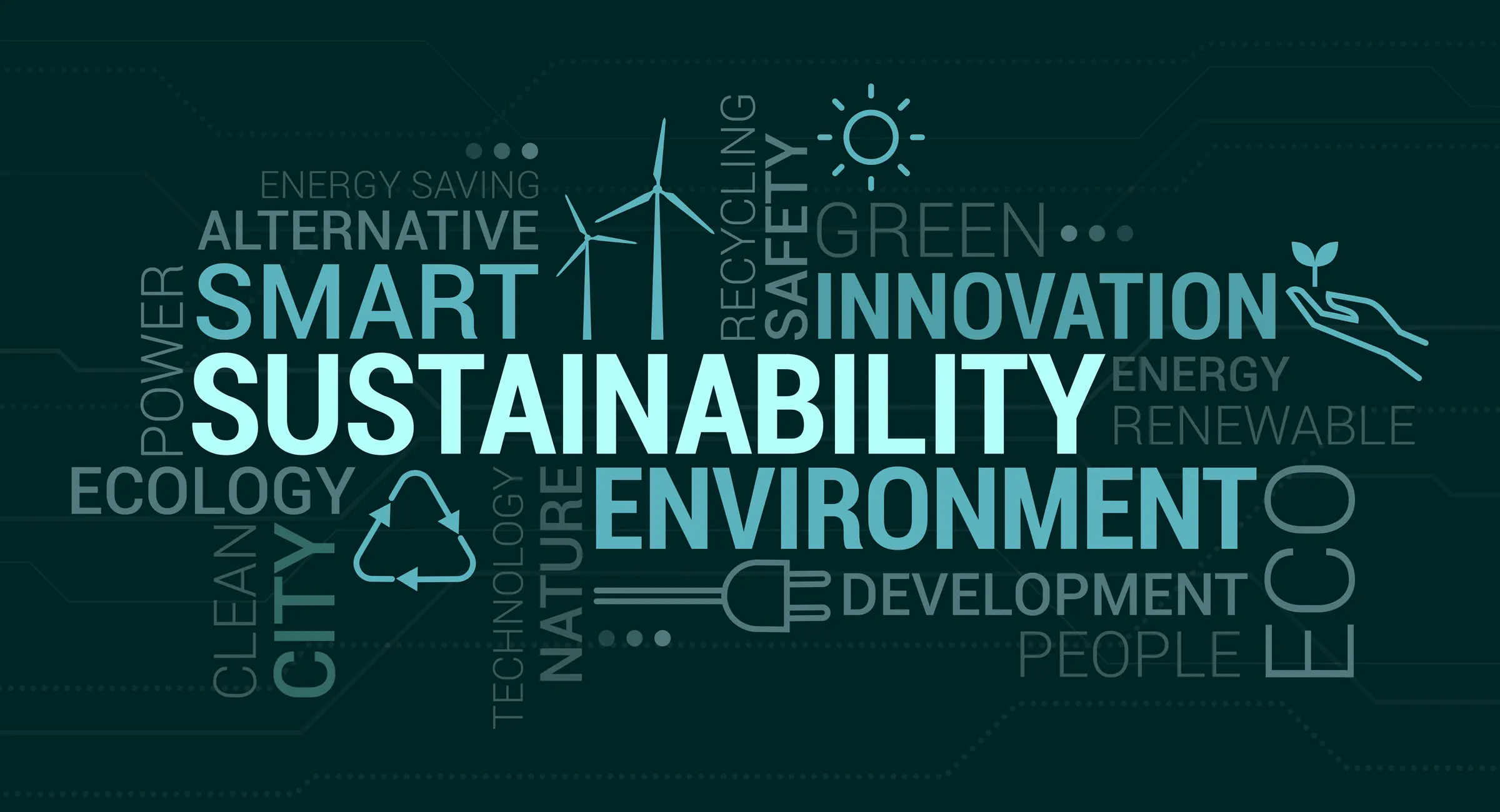A sustainability word cloud with interconnected green and blue text.