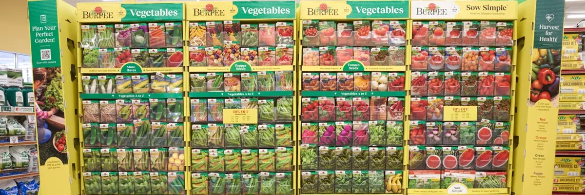 An in-store Ocean State Job Lot display of Burpee vegetable seeds