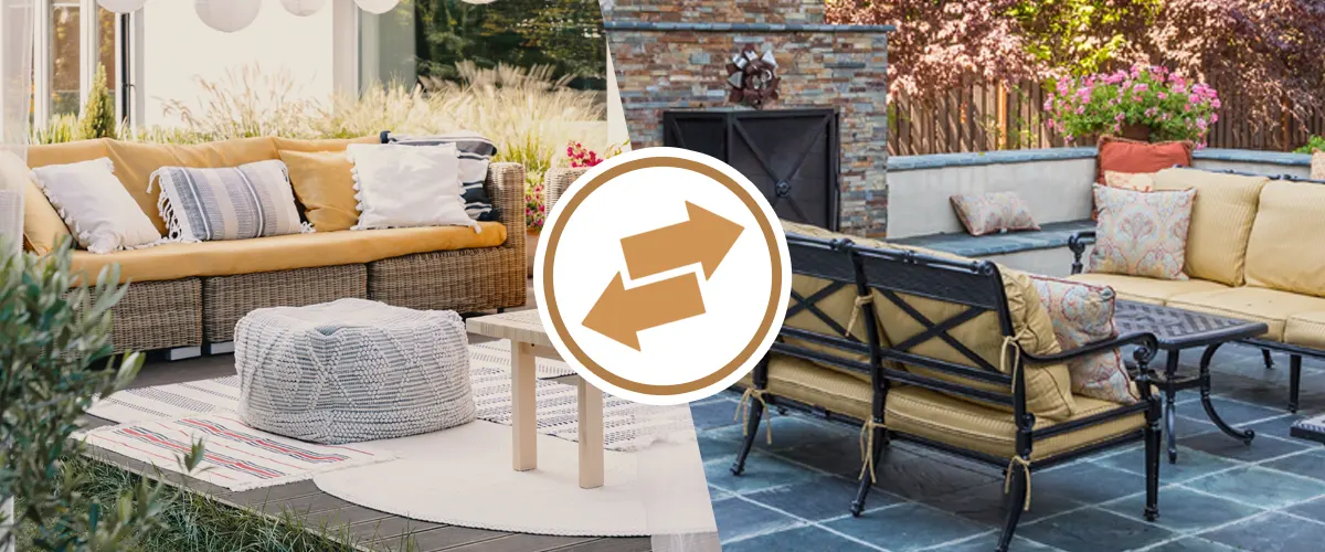 Comparison of two different outdoor patio styles. One is relaxed and casual, the other is traditional.