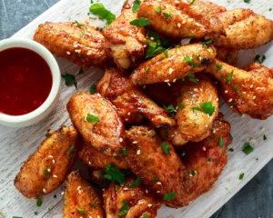 A plate of asian sticky sesame wings