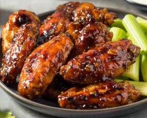 A plate of honey BBQ glazed wings