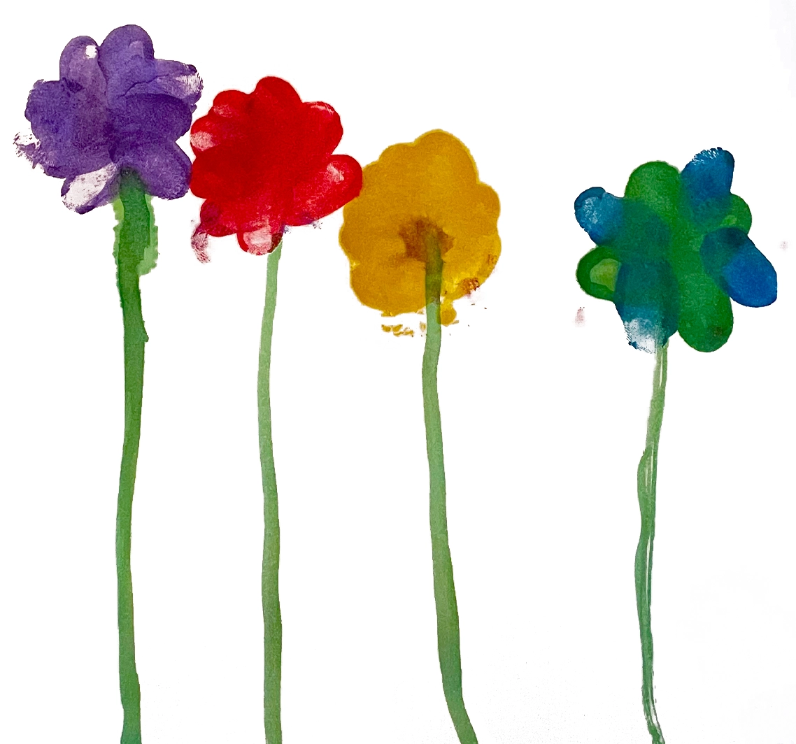 Different colored flowers made from a child's thumbprints.