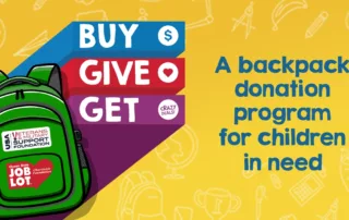 A graphic of a backpack and the wording "Buy Give Get. A backpack donation program for children in need."
