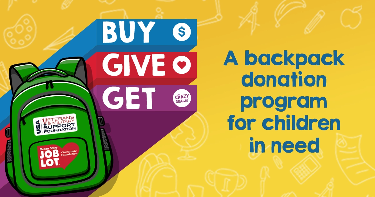 A graphic of a backpack and the wording "Buy Give Get. A backpack donation program for children in need."
