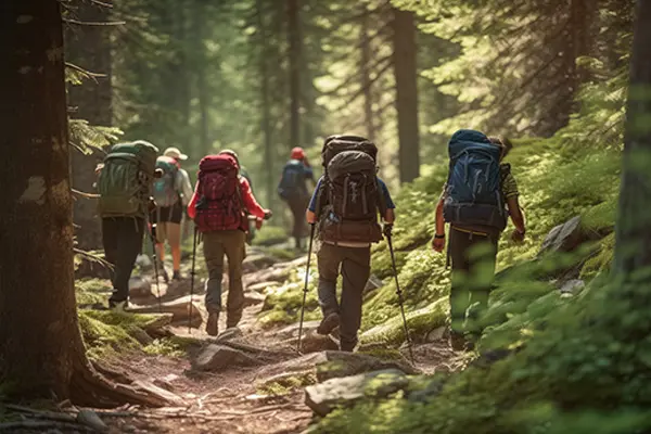 Hikers using trekking poles and wearing backpacks walk through a forest.