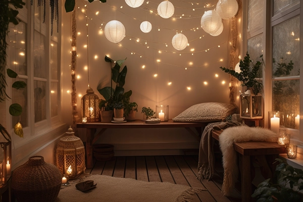 String lights set up in a corner of a living room creates a cozy, quiet space to relax.