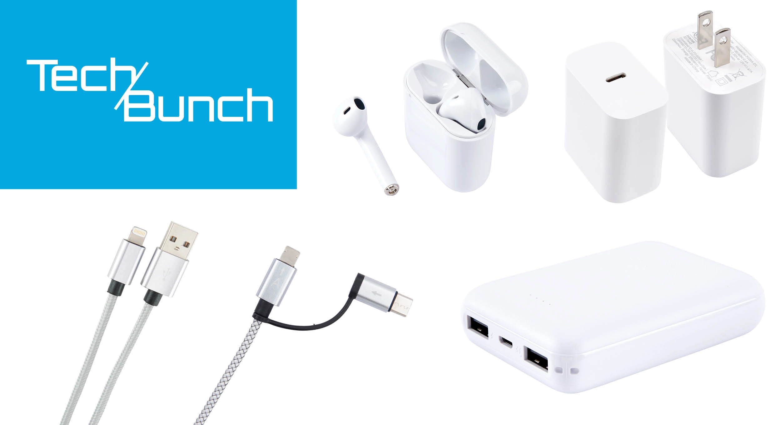 Collage of products from Ocean State Job Lot's exclusive brand, TechBunch, showing products such as earbuds, cables, and chargers.