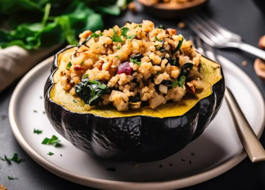 Vegan stuffed acorn squash on a plate.