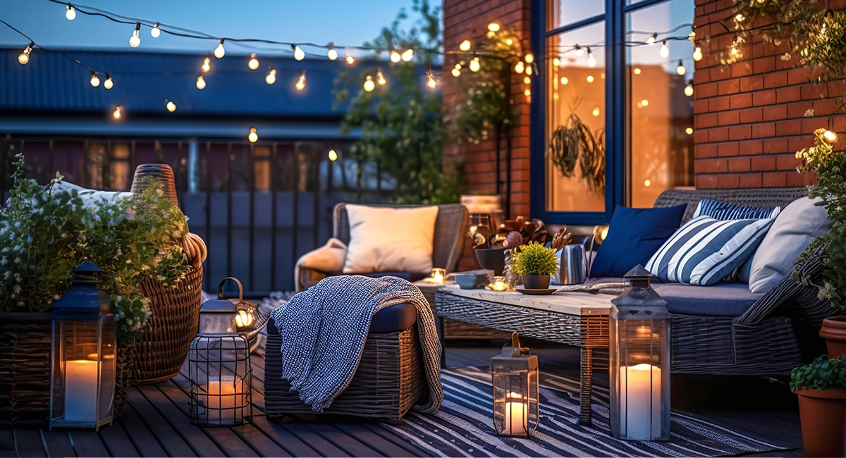 String lights hang over a cozy outdoor deck.