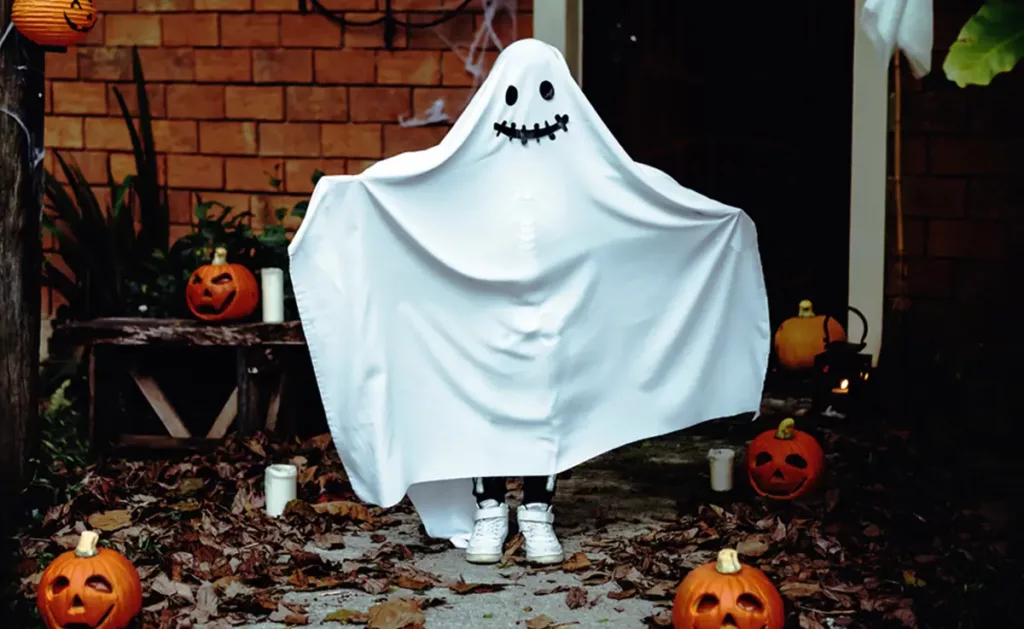 A child wearing a homemade Halloween ghost costume.