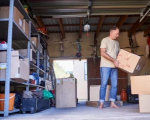 A person sorting boxes in a garage.