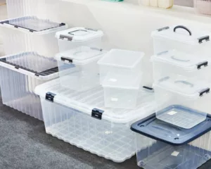 Empty and clear, plastic containers ready to be used for storage.