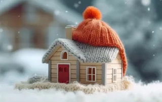 Photo illustration of a house wearing a knitted winter hat.