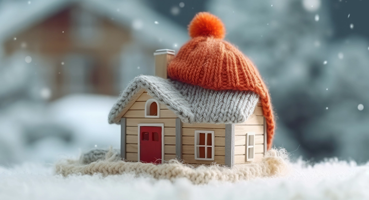 Photo illustration of a house wearing a knitted winter hat.