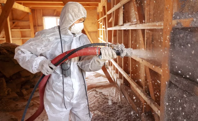 A person spraying insulation into the attic of a house.