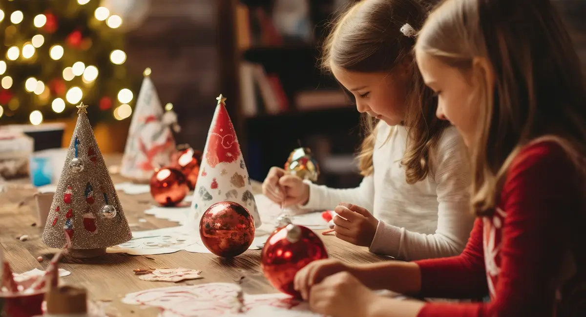 A family making Christmas ornaments.