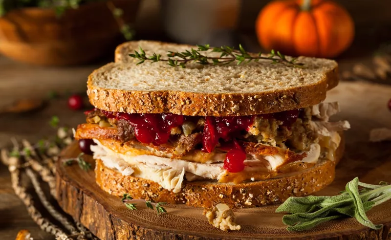 A sandwich made from Thanksgiving leftovers.