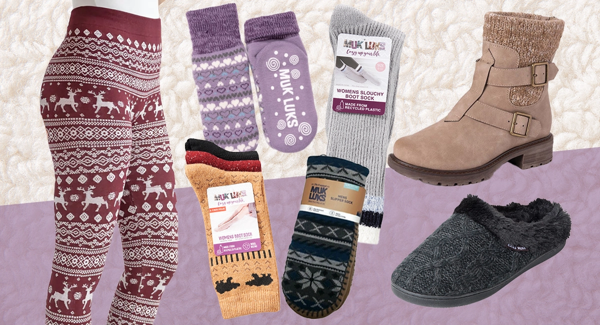 A variety of Muk Luk products including leggings, socks and boots.