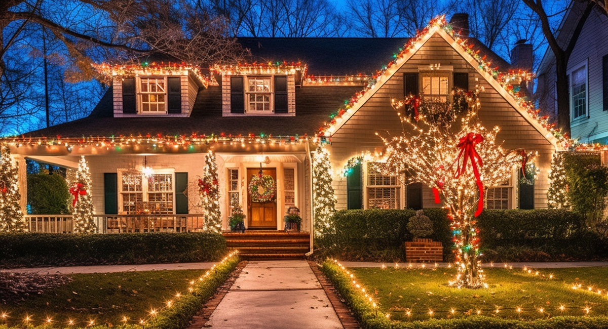 House outlined with lots of christmas lights