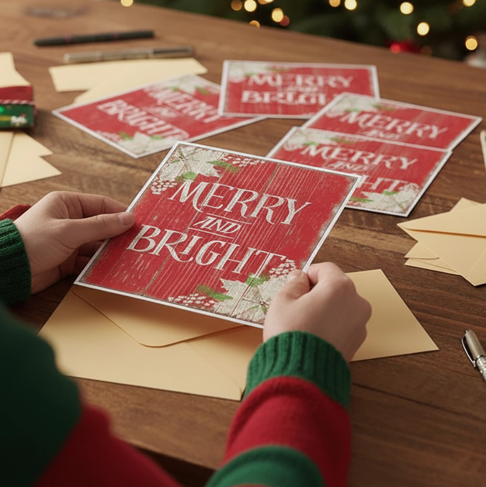 christmas Cards Christmas cards on a desk being ready to get sent.