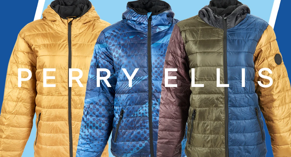 Various colors and styles of Perry Ellis Portfolio Puffer Jackets.