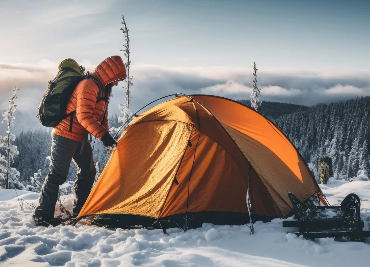 A woman setting up a tent during a winter camping trip. 