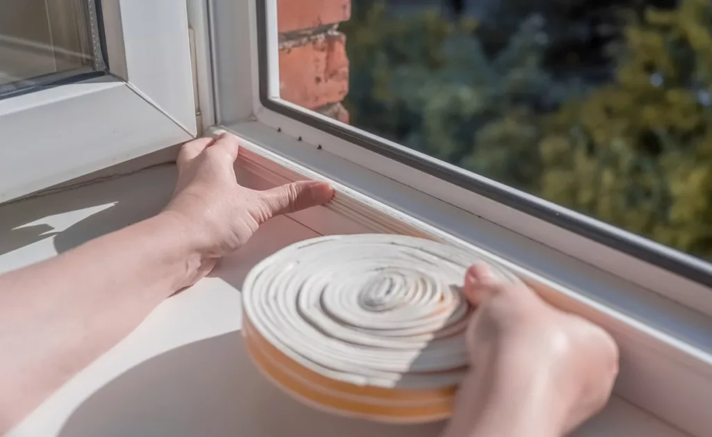 Applying weather stripping to a window.