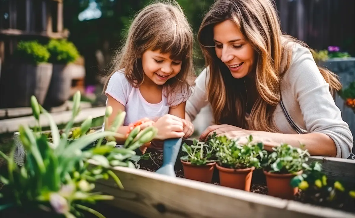 A mother and daughter planting seeds from indoors outdoors.
