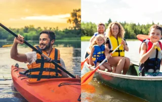 Left image of a man and woman riding down the river in a kayak next to right image of a family going down the river in a canoe.