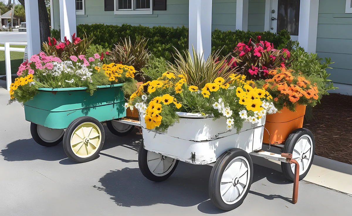 A golf cart and bag transformed into new eco-friendly unique flower pots.