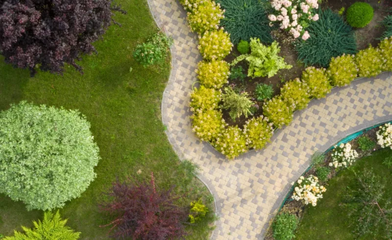 A view of a garden path lined with greenery and flowers, from above.