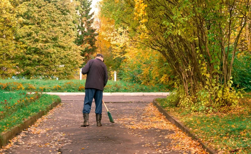 A man sweeps leaves off a garden walkway.
