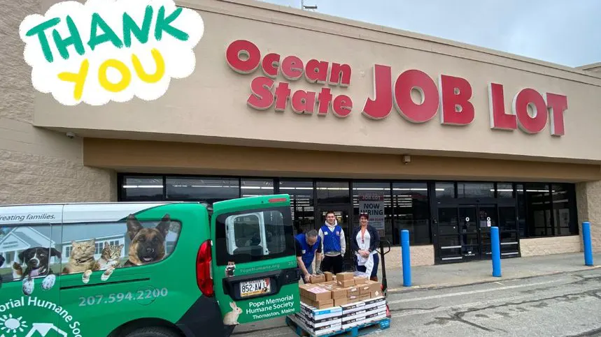 A thank you social image as a pair of Ocean State Job Lot associates helping load pet food for an animal organization accepting a To The Rescue pet food donation.