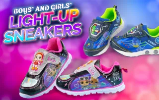 Boys and girls light-up sneakers on colorful background