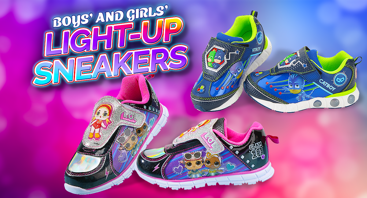 Boys and girls light-up sneakers on colorful background