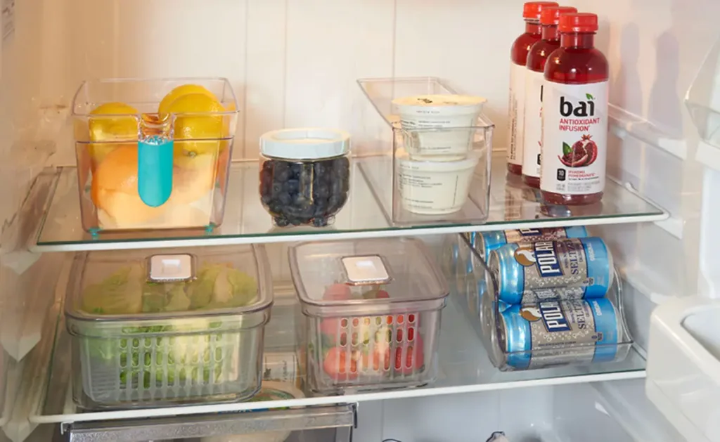 Food categorized together in a refrigerator.