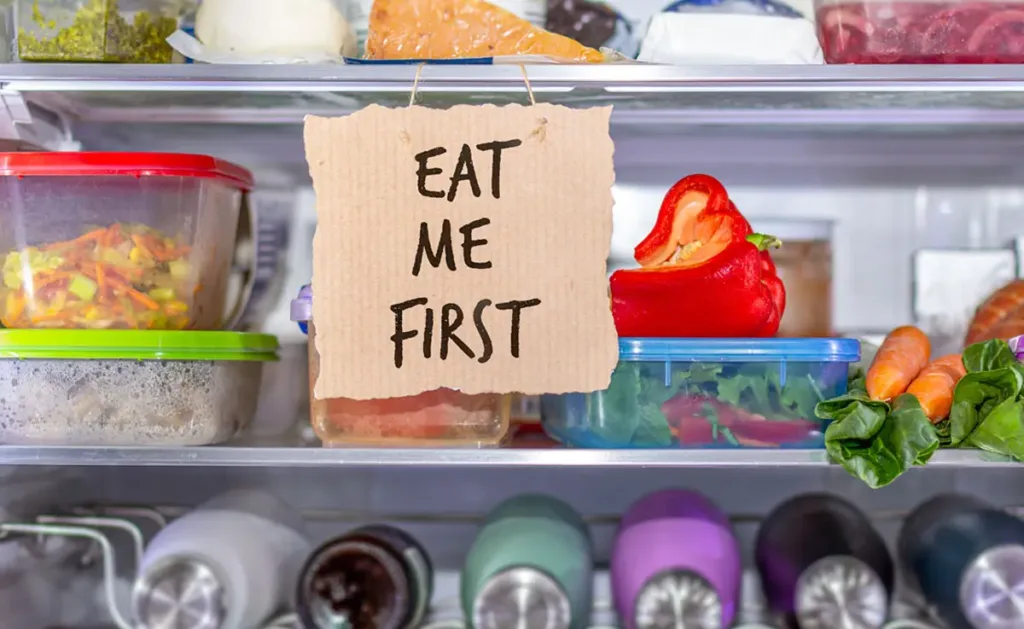 An “eat me first” sign hanging in the refrigerator for an FIFO (first in, first out) system.