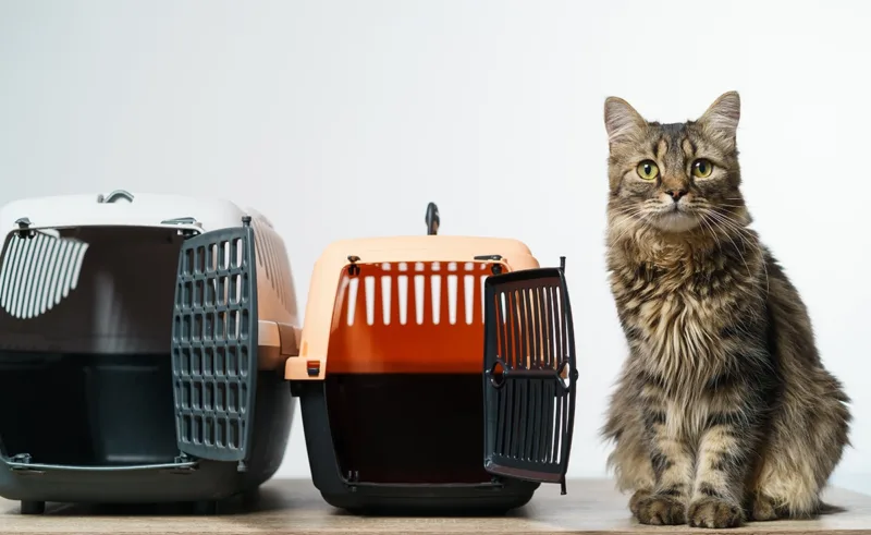 A medium-haired cat sits next to two cat carriers of different sizes.