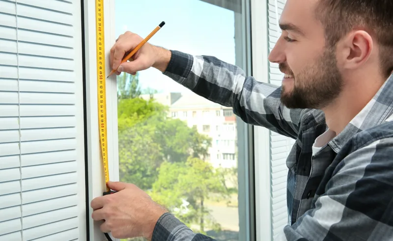 A person measures their windows using a tape measure.