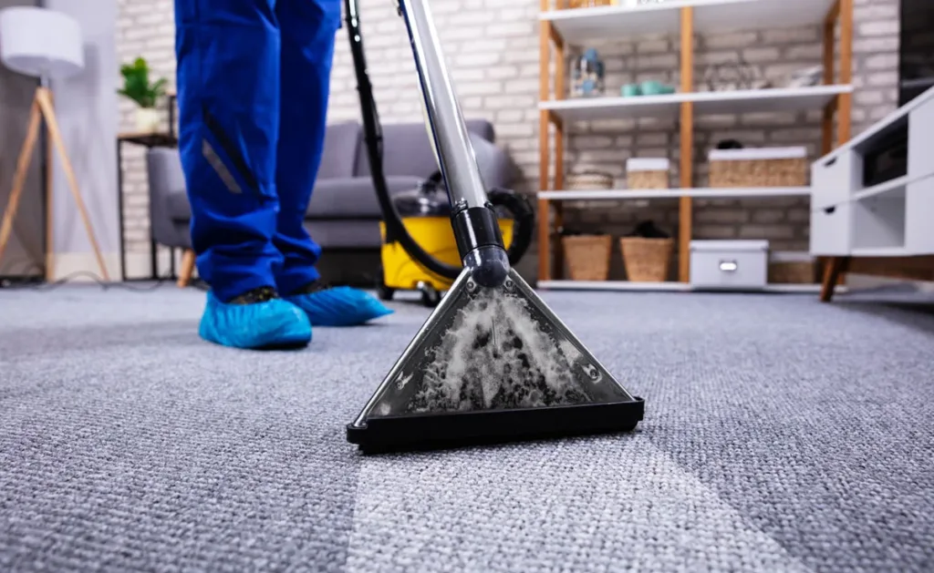 A person wearing protective booties cleans an area rug with a carpet cleaner.