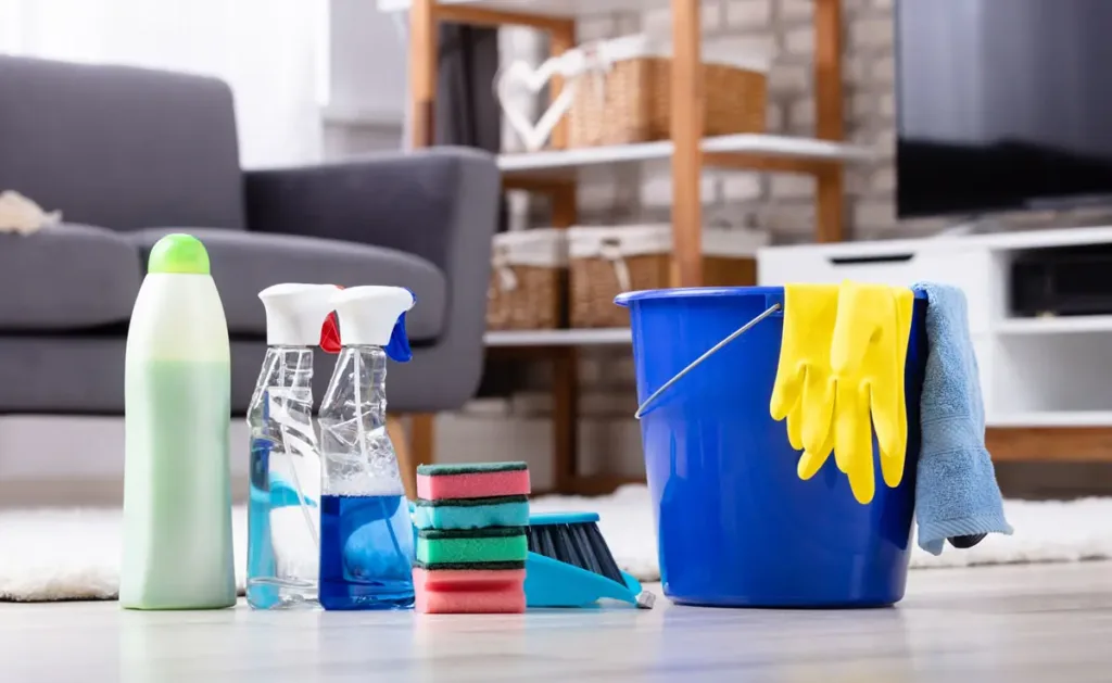 A blue bucket with gloves and towels in it sits on the floor next to sponges, cleaning products, and a dustpan.
