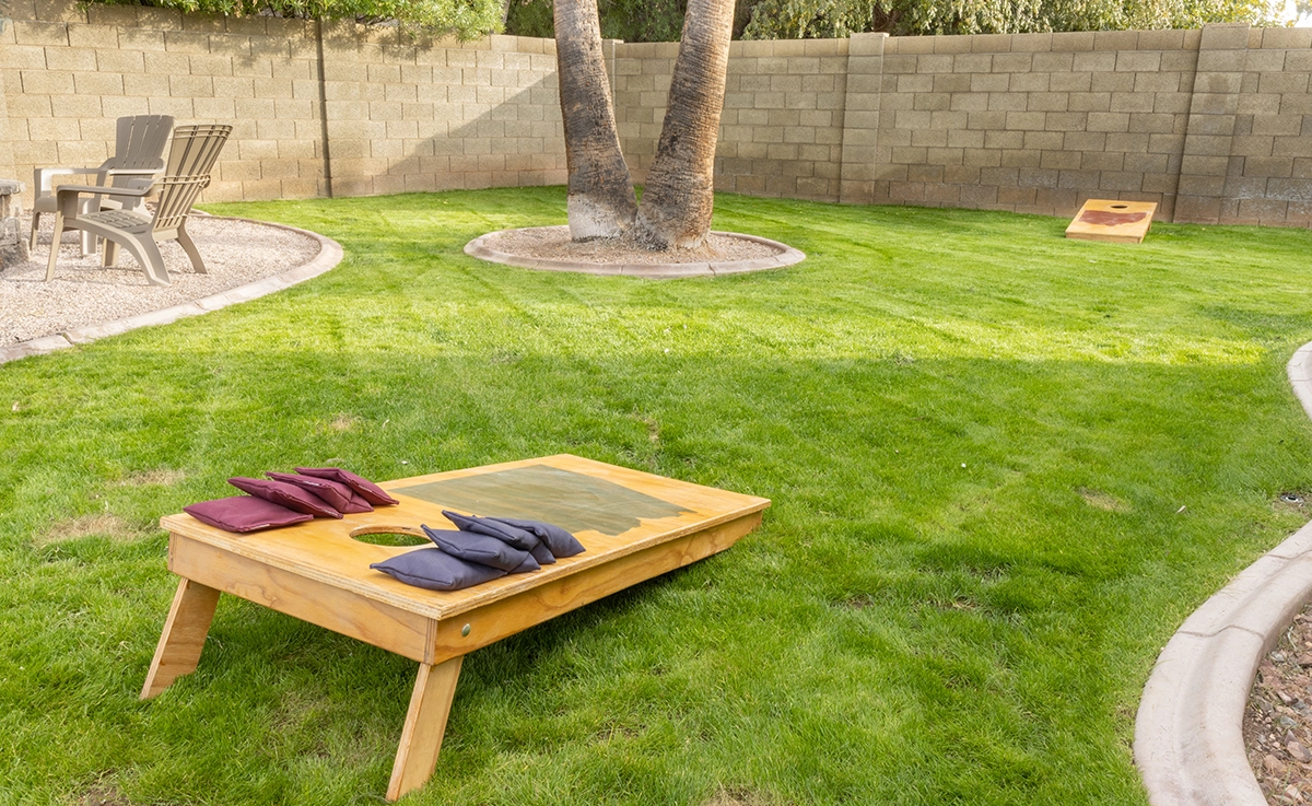 A grassy yard with cornhole boards and bags set up.