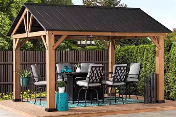 A cedar framed gazebo in a summery backyard.