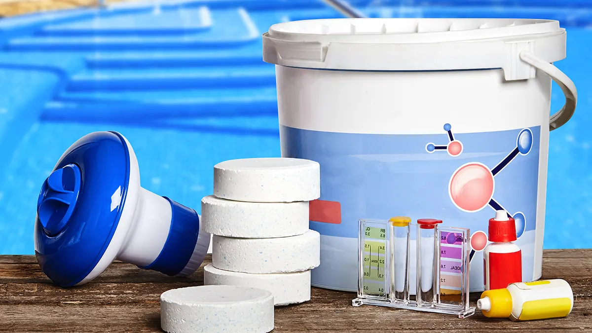Pool accessories like shock, algaecide and other chemicals to keep the pool clean