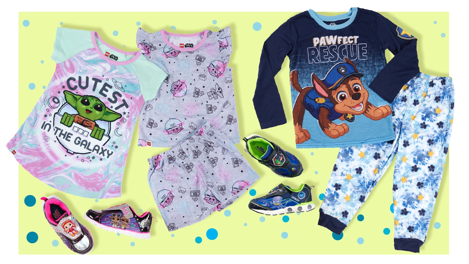 Photo of boy's and girl's pajamas and shoes