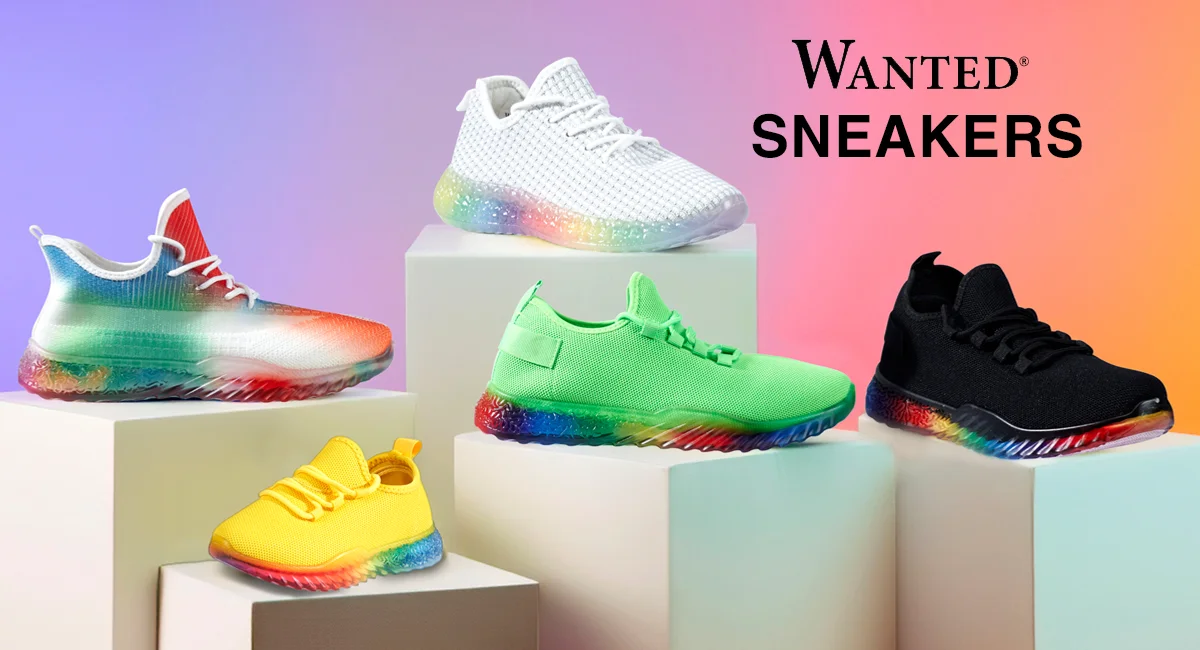 Can't Miss Closeout - Display of different style Girls’ and Women’s Wanted Sneakers.