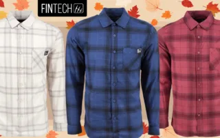 Men's Fintech long sleeve flannel shirts in four different colors.